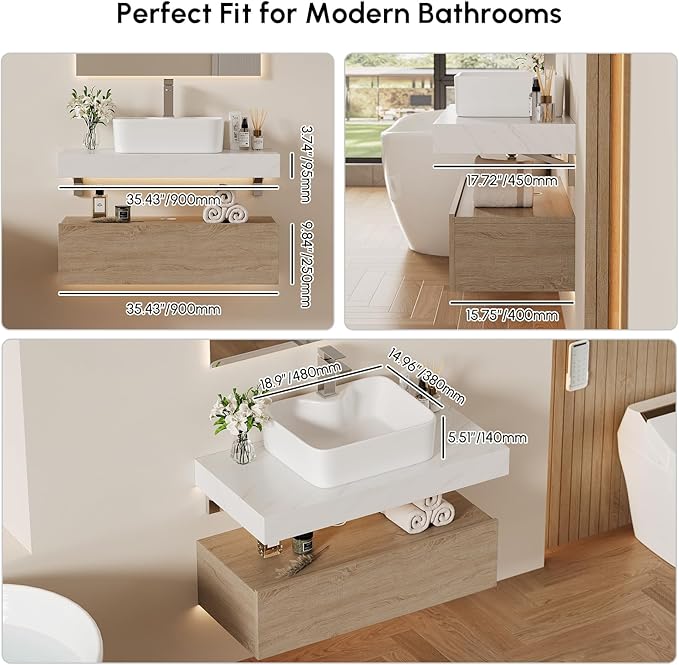 homary 35'' Floating Bathroom Vanity with Sintered Stone Countertop, Wall-Mounted Bathroom Cabinet with Ceramic Sink & Drawer Storage, Waterproof Modern Single Vanity, Natural