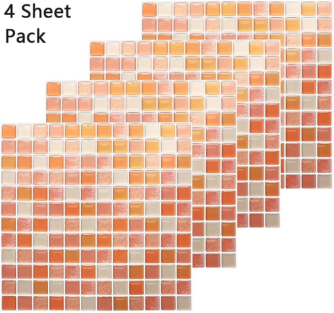 3D Mosaic Tile Sticker Removable Wallpaper Tile Orange, 3D Self Adhesive Wall Tiles Bathroom Wall Tiles for Kitchen Backsplash Orange, PVC Square Decorative Vinyl Decals, 4 Sheets