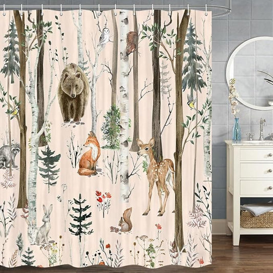 JAWO Rustic Forest Shower Curtains, Lodge Cabin Woodsy RV Shower Curtain, Wildlife Animals Woodland Campers Camping Bathroom Set with Hooks, 60X70 Inch, LightPink