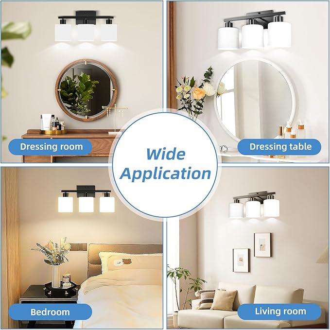 SILAMPDI 3-Light Bathroom Vanity Light Fixtures Over Mirror Matte Black | Modern Milky White Frosted Glass Shades, Anti-Rust Finished, Wall Sconce for Bedroom Restroom, E26 Socket, Easy Installation