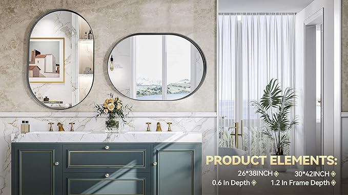 Brightify Black Oval Mirror for Wall 30x42 Inch, Metal Framed Bathroom Vanity Mirrors, Modern Pill Mirror for Bedroom Living Room Wall Decorative Hang Vertical and Horizontal