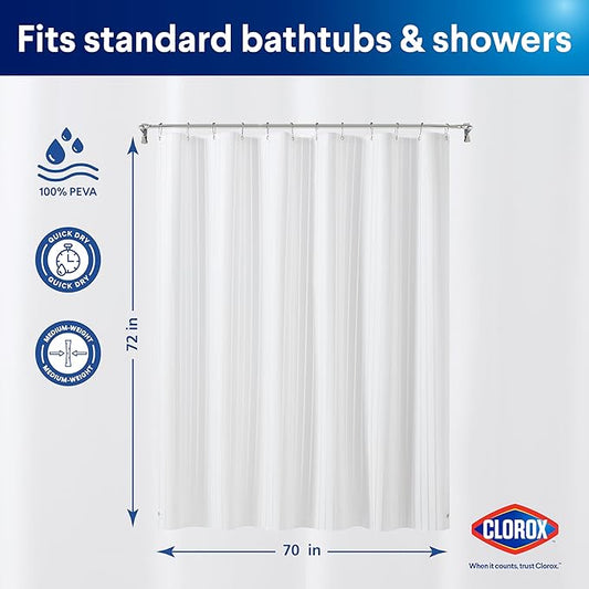 CLOROX Shower Curtain Liner, Premium Striped Medium-Weight Durable Waterproof 6g PEVA for Bathroom with Weighted Magnets, Printed Standard Size 72" x 72", White
