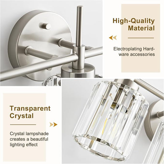 EJIAXIN Crystal Bathroom Vanity Lights, 4 Light Bath Mirror Light Brushed Nickel Round Crystal Wall Mount Light Fixture Over Mirror Morden for Living Room