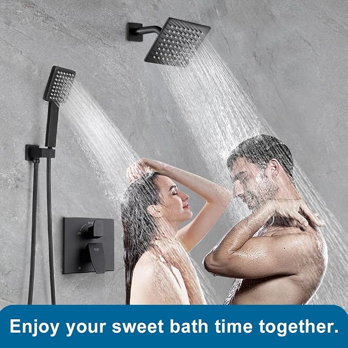 Matte Black Shower Faucet Set Rainfall 6 Inch Shower Head and Handle Set Bathroom Rain Shower System Wall Mounted Shower Fixture Include Shower Valve and Trim Kit