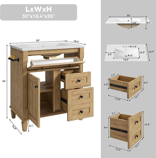 LIKIMIO 30 Inch Bathroom Vanity with Sink, Towel Holder & Adjustable Solid Wood Legs for Uneven Floor, Modern Bathroom Storage Cabinet with Tip-Out Drawer, 2 Drawers & Adjustable Shelf, Nature