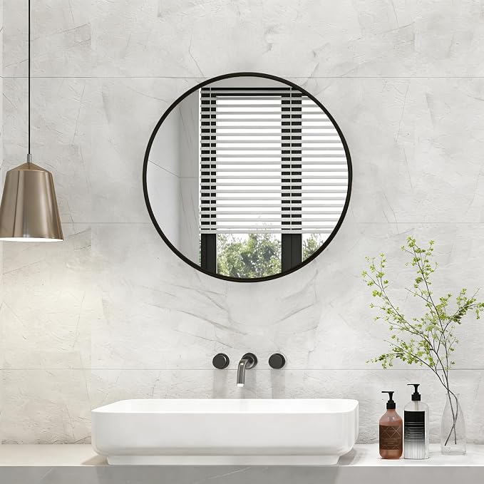 NEWBULIG 20 Inch Round Wall Mirror, Bathroom Mirrors for Over Sink | Metal Framed Circle Vanity Mirror, Wall Decor for Bedroom, Entryway, Anti-Rust, Tempered Glass, Hanging or Leaning, Black