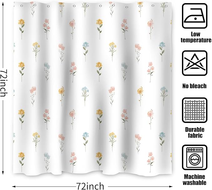 Floral Shower Curtain, Wildflower Botanical Plant Leaves Cute Flower Spring Herbs Elegant Waterproof Fabric Machine Washable for Bathroom Bathtub with Hooks 72x72