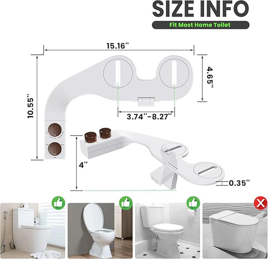 Toilet Bidet With Left/Right Side Reversible Design, Fresh Water, Non-Electric, Toilet Bidet Attachment, Right/Left Hand Side with Dual Nozzle, Self-Clean, Easy to Install (Brown Knob)