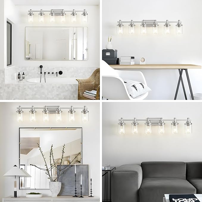 6-Light Bathroom Vanity Light, Brushed Nickel Bathroom Lights Fixtures Over Mirror, Vanity Lights Wall Mount with Clear Glass Shade, Modern Wall Sconce for Bathroom