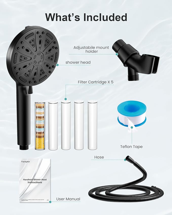 Filtered Handheld Shower Head, 9 Spray Modes High Pressure, 5 Replacement Filters Included, Hard Water Softener 20-Stage Filtration, Remove Chlorine, Relieve Dry Itchy Skin, 5 Filters-Black