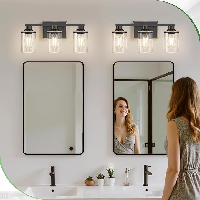 3-Light Black with Gold Trim Bathroom Vanity Light Over Mirror | Modern Vanity Lights With Clear Glass Shade, Bathroom Wall Light for Mirror, Bedroom Living Room Wall Mount Lighting