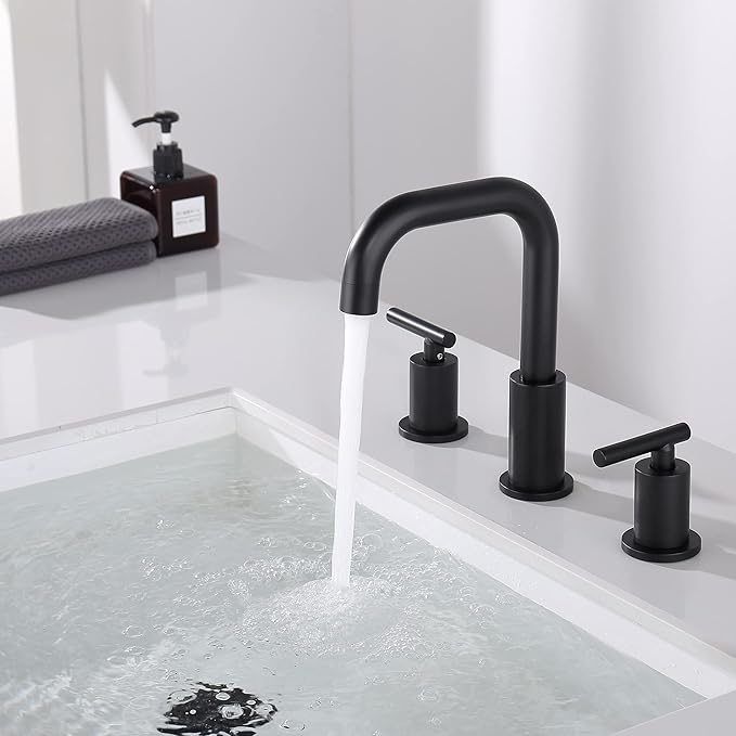ChiLDano Black Sink Faucet Bathroom 3 Hole, 8 inch Black Faucet with Drain | 2 Handles 3 Hole Black Faucet for Bahtoom Sink, Bathroom Faucet Widespread for Vanity
