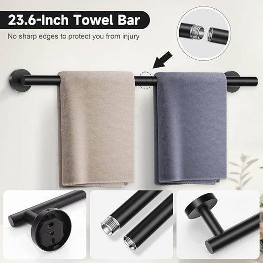 Matte Black Towel Bar Set, 5-Piece Bathroom Hardware Set with Smiley Face Towel Rings, Stainless Steel Wall-Mounted Towel Rack Set 23.6 Inch