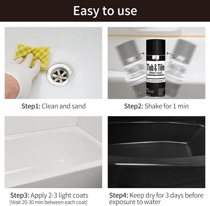 Black Tile Paint Tub and Tile Refinishing Spray Paint High Gloss Spray Paint Waterproof Black Bathtub Kit for Tiles Ceramic, Porcelain, Fiberglass, Bathroom Walls, Bathtubs Sinks Countertops, Toilets