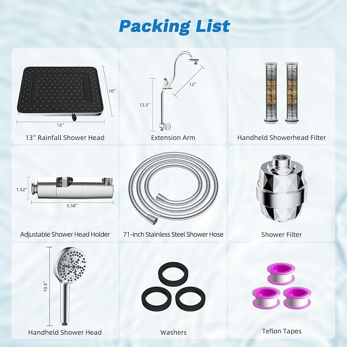 Hibbent 5-spray Dual Filtered Rainfall Shower Head with 10 Spray Handheld | High Pressure 13'' Showerhead Combo, Easy Reach 4-way Diverter Extension Arm with Pause Mode, 71'' Hose & Holder, Chrome
