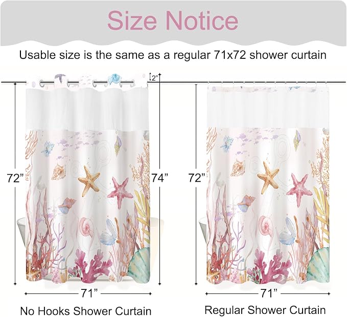 No Hook Shower Curtain and Liner Set, Watercolor Pink Beach Coastal 71x74 | Nautical Ocean for Bathroom, with Snap in Liner Replacement, Mesh Top Window, Waterproof, Machine Washable, Quick-Drying