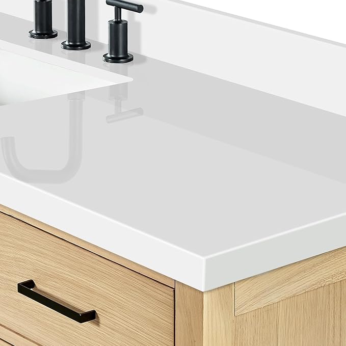 ARIEL 67 inch Bathroom Vanity top with Sink, 1.5 Inch Thick Miter Edge White Quartz top, Rectangle Single Porcelain Sink, Includes Backsplash