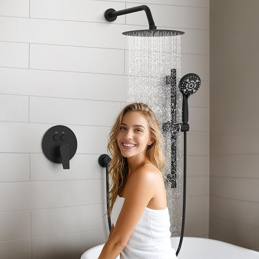 SR SUN RISE Matte Black Shower Faucet Set - 10 Inch Rain Shower Head with Adjustable Slide Bar Combo Set - Wall Mounted Rain Shower System Bathroom (Valve and Trim Kit Included)