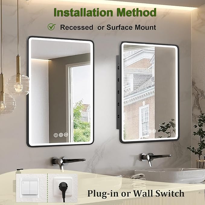 LED Medicine Cabinet Mirror for Bathroom 16x24 Inch, Recessed Medicine Cabinets with Lights, Anti-Fog Bathroom Mirror with Storage, Black Metal Frame, Adjustable Shelves, 3 Color Dimming