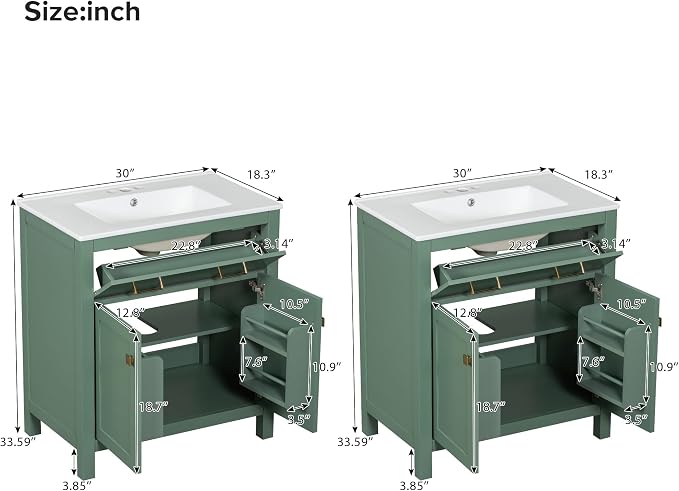 60" Double Bathroom Vanity,Free Standing Double Basin Vanity Set w/ 2 Ceramic Sinks,Adjustable Shelf & Soft Close Doors,Solid Wood Frame Storage Cabinet w/Flip Drawer,for Bathroom,Green