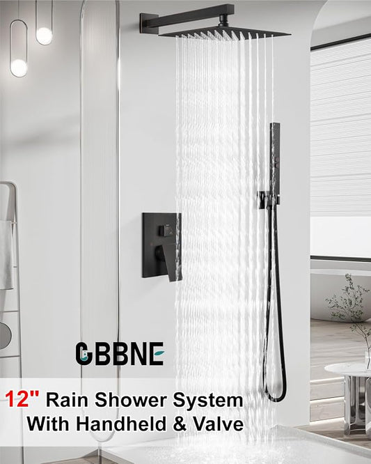 Shower Faucet Set 12-Inch Rain Shower System Oil Rubbed Bronze | Square SUS304 Shower Head, Dual-Mode Hand Spray, 59-Inch Hose and Brass Rough-In Valve for a Complete Wall-Mount Installation