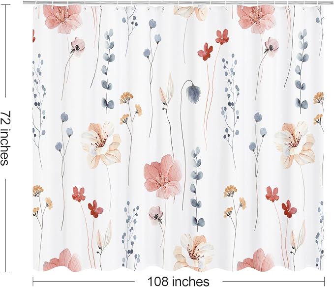 Coral Beige Watercolor Floral Fabric Shower Curtain, 108x72 | Waterproof Fabric, Modern Minimalist Floral Print, Machine Washable, Rustproof Grommets, for Bathroom Home, Extra Wide