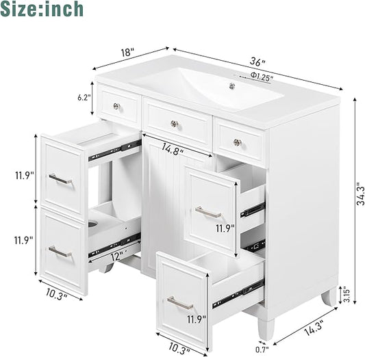 LUMISOL 36" Bathroom Vanity with Sink Top, Modern Bathroom Vanity with 3 Drawers & Cabinet, Solid Wood Bathroom Cabinet with Undermount Basin, White