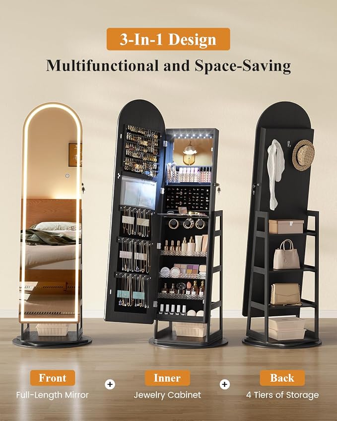 LVSOMT LED Arched Mirror Jewelry Cabinet Standing, Lockable Jewelry Armoire | 360° Swivel Full-Length Mirror with Storage, Large Jewelry Organizer Mirror, Foldable Makeup Shelf, Gift for Women, BlackWood