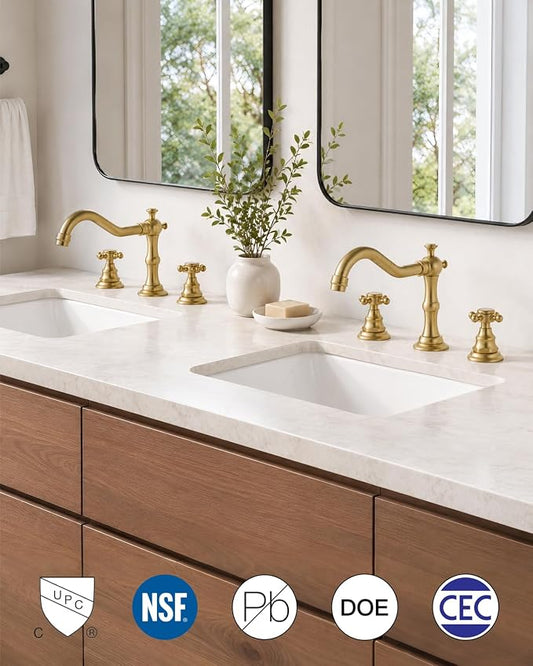 gotonovo 3 Hole 8’’ Widespread Bathroom Sink Faucet Brushed Gold | Vintage Bathroom Faucet,2 Cross Handle,6-16’’ Sink,Vanity,Basin,RV,Farmhouse,SUS304,24’’ cUPC Hose Pop Up Drain,Deck Mount