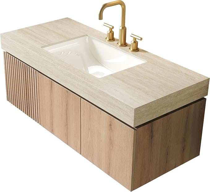 KEIKI 48 Inch Floating Bathroom Vanity with Sink, White Oak & Beige | Modern Wall Mounted Storage Cabinet w/ Drawer & Door, Pre-assembled Wood Panels, Sintered Stone Top & Ceramic Basin Combo Set