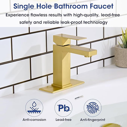 Brush Gold Bathroom Faucet, Stainless Steel Vanity Faucet with Pop Up Drain Stopper and Water Hoses, Easy to Install Bathroom Faucet 1 Hole for Bathroom Sink, Vanity, RV, Farmhouse
