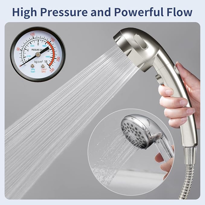 HANLIAN On/Off High Pressure Handheld Shower Head for RV Camper | 3 Spray Modes Shower Head with Pause Button, Water Saving Shower Head with Hose and Self-adhesive Holder(Brushed Nickel)