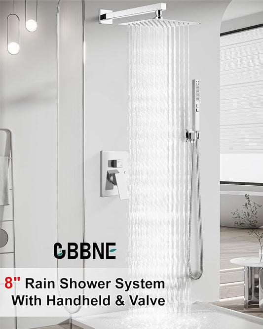 Shower Faucet Set 8-Inch Rain Shower System Polish Chrome | Square SUS304 Shower Head, Dual-Mode Hand Spray, 59-Inch Hose and Brass Rough-In Valve for a Complete Wall-Mount Installation