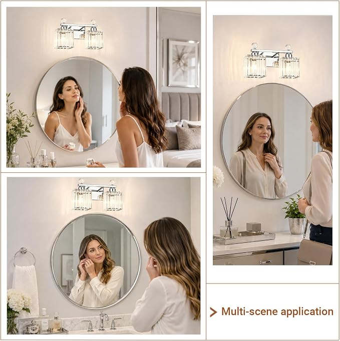 Lxybcce Modern 14In 2-Lights Bathroom Vanity Light, Crystal Bathroom Light Fixtures, Chrome Vanity Light Fixtures Over Mirror, Easy Installation & Shadow-Free Illumination for Bathroom Mirror Decor