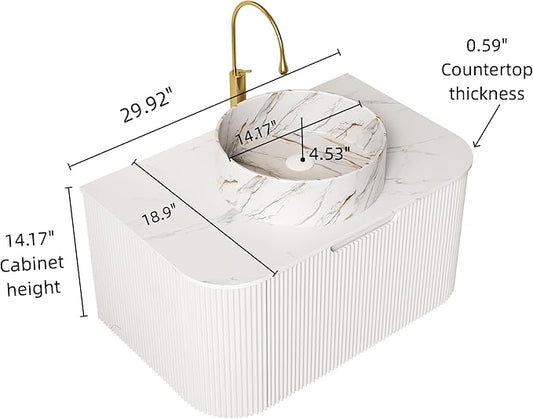 30'' Bathroom Vanities Cabinet with Sink Combo, Wall Mounted Floating Cabinet W/Curved Edges Stripes, Oak Plywood, Soft-Close System with a Drawer, White Round Ceramic Basin - Kiel, White/S