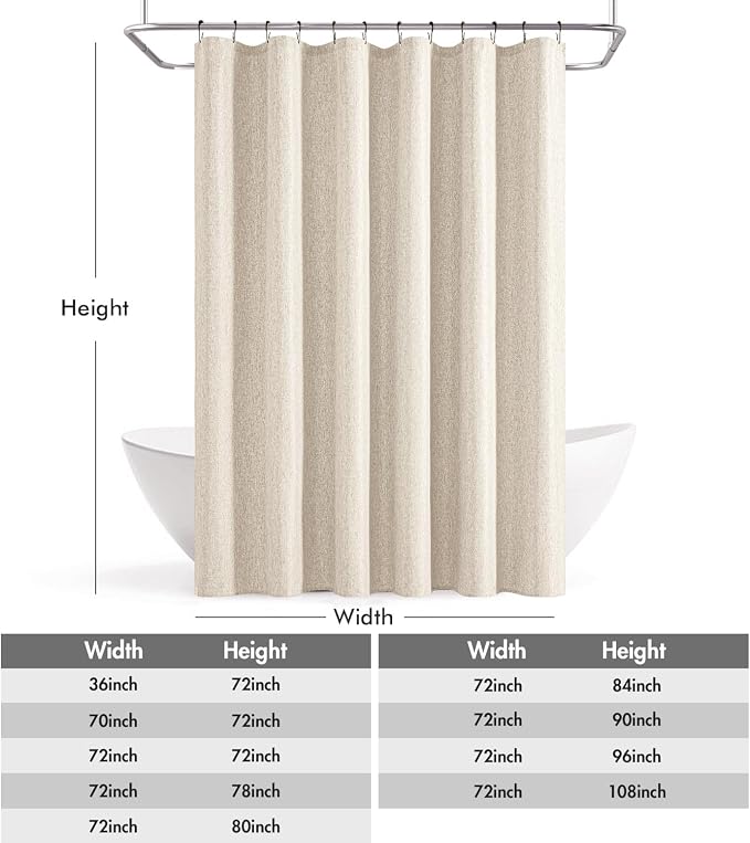 ANRODUO Cream Beige Linen Textured Fabric Shower Curtain Set - W72xL90 | Farmhouse Shower Curtain with 12 Metal Hooks, Waterproof Heavy Duty, Button Hole Design, Machine Washable for Bathroom