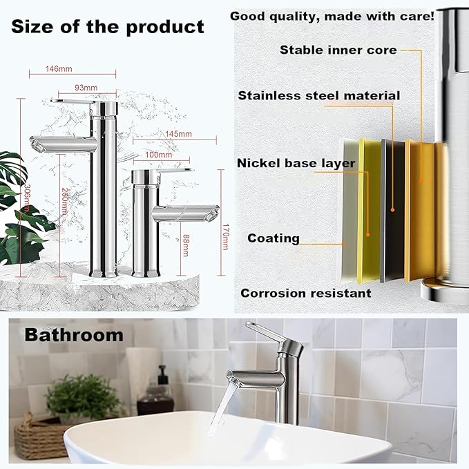 Bathroom Cold & Hot Stainless Steel Faucet, Ceramic Valve Cylinder; Silent Anti-Drip, Single Handle, Water Saving, Washbasin Sink, for Bathroom & Basin, Small Kitchen Faucet (Brushed-h)