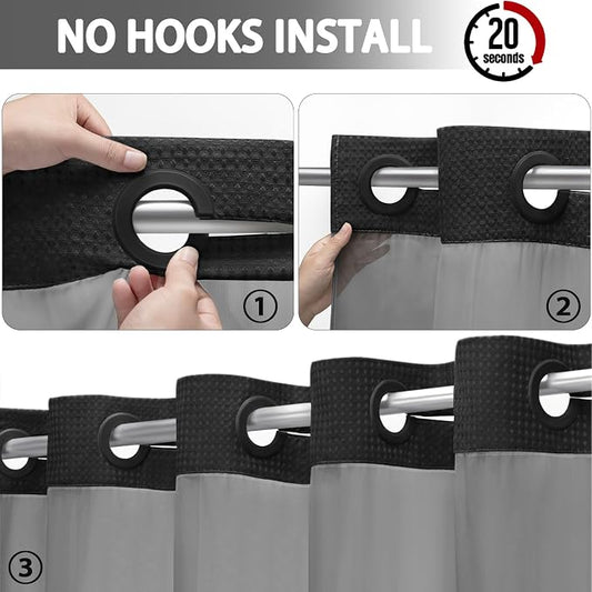 No Hook Shower Curtain with Liner Set Hotel Waffle Curtain Black 60W X 75L | Washable Snap in Fabric Liner, Mesh Top Window, Waffle Hotel Style Shower Curtain Set