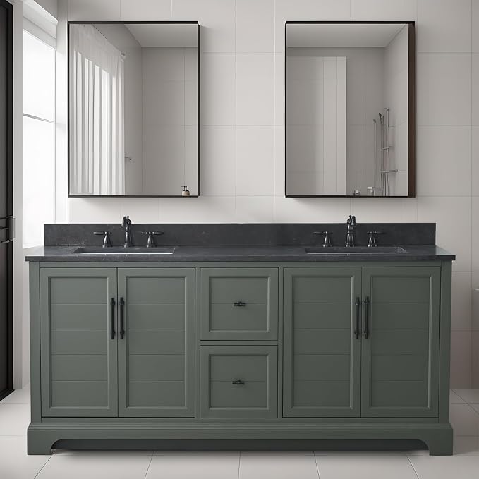 HOMEBEYOND 72 Inch Bathroom Vanity with Double Sink & Ceramic Top, Vanity Cabinet with Center Countertop Basin, Soft-Closing Doors, Backsplash, Vintage Green