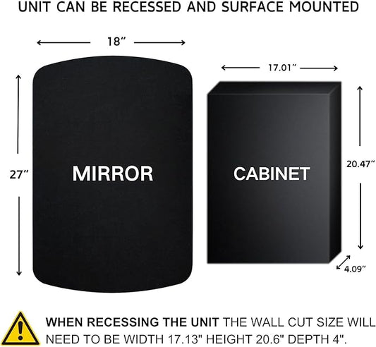 Black Arched Recessed and Surface Mount Bathroom Medicine Cabinet with Mirror Metal Framed Rectangular Bathroom Cabinet with 3 Tempered Glass Adjustable Shelves 18x27''