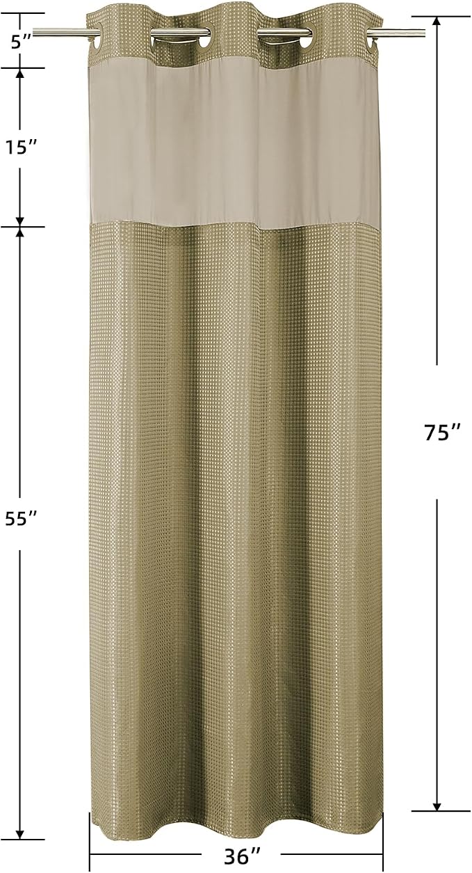 Colorful Star Beige No Hook Waffle Shower Curtain Set, 36" W x 75" L | Snap-In Fabric Liner, Mesh Top Window, Heavy-Duty Waffle Fabric, Waterproof Hotel Style Shower Curtain for Bathroom