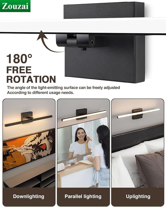 zouzai 24 inch Modern Bathroom Vanity Lighting Fixtures Over Mirror, Black | 16W, LED Light Bar, 180° Rotatable, 5CCT 2700K/3000K/4000K/5000K/6000K Selectable, Dimmable, IP44 Waterproof, ETL Certified