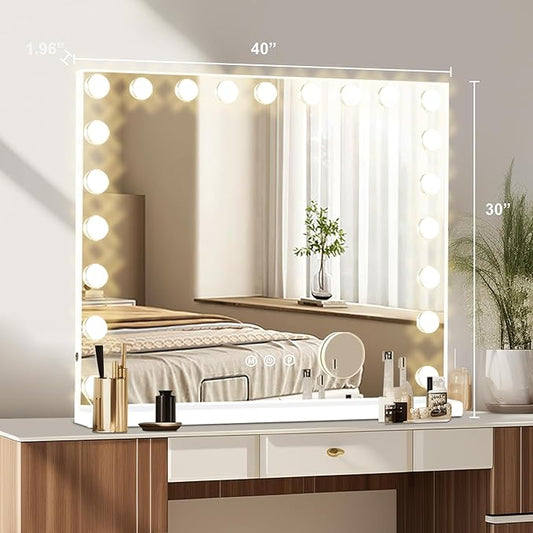 Moonee Vanity Mirror with Lights, Hollywood Lighted Makeup Mirror with 21 Dimmable Bulbs and 10X Magnification, 3 Colors Modes, Aluminum Metal Frame, Light Up Mirror for Tabletop/Wall(40" x 30")
