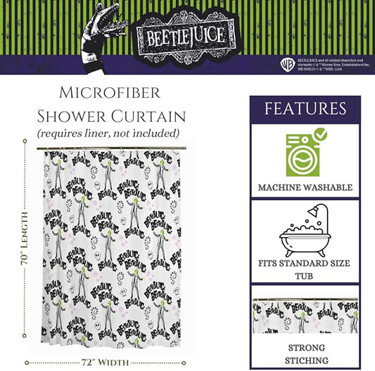 Beetlejuice Halloween 13-Piece Shower Curtain Set, 72 x 72 Inch Fabric Curtain with Hooks, Bathroom Decor, Machine Washable, (100% Officially Licensed Product) by Franco Collectibles