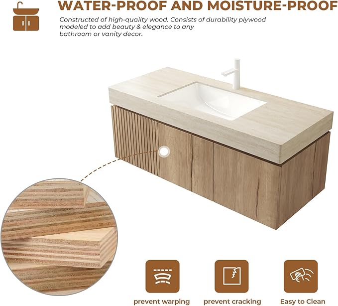 LKTART Floating 48 Inch Bathroom Vanity with Sink, Modern Plywood Wall Mounted Bathroom Storage Cabinet with 2 Doors and 1 Drawer, Roma Travertine-Pattern Sintered Stone Countertop and Ceramic Basins