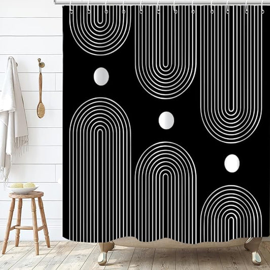Black and White Extra Long Shower Curtain, Boho Minimalist Mid Century Modern Arch Geometric Machine Washable Waterproof Fabric for Bathroom Bathtub with Hooks 72Wx84H
