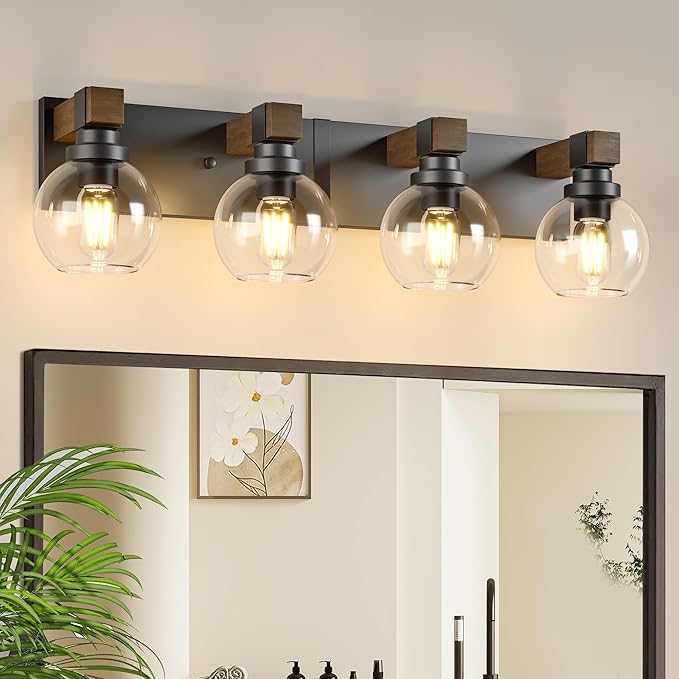 LmnLvn Bathroom Light Fixtures, Farmhouse Wood & Metal with Globe Glass | 4-Light Rustic Vanity Lights,Easy To Install, Mounted Over Mirror for Bathroom, Bedroom & Hallway