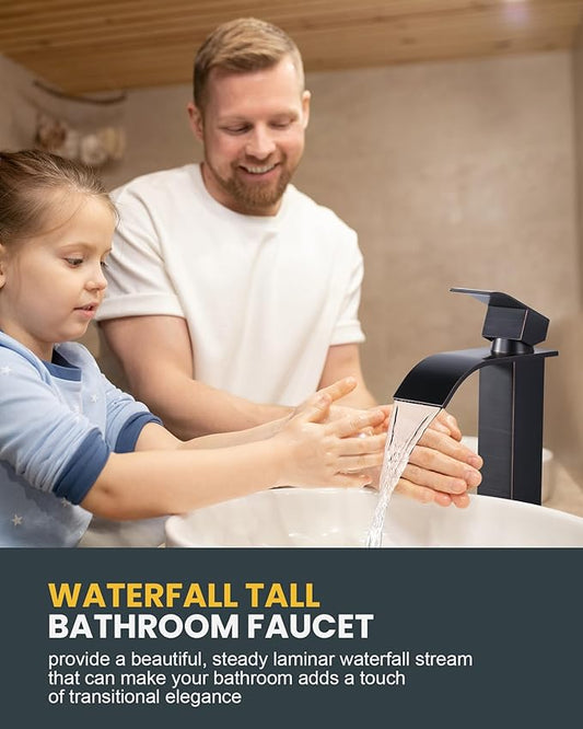 Vessel Sink Faucet Single Hole: ARCORA Oil Rubbed Bronze Tall Bathroom Faucet, Single Handle Tall Waterfall Bathroom Faucet with Pop Up Drain and cUPC Supply Lines