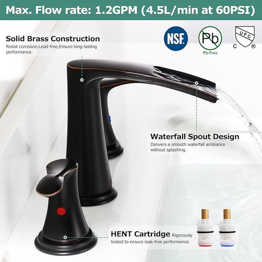 PARLOS Waterfall Widespread Bathroom Faucet Double Handles with Metal Pop Up Drain & cUPC Faucet Supply Lines, Oil Rubbed Bronze, Demeter 1431803