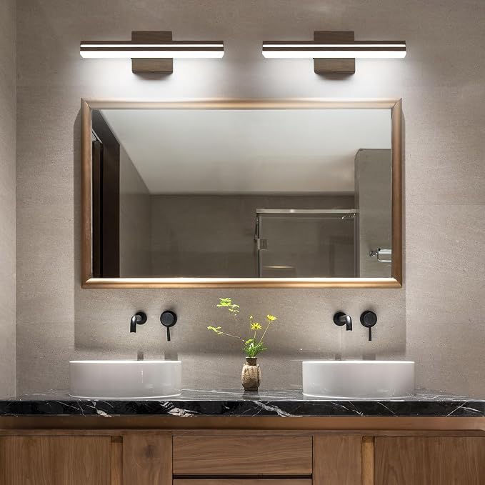 SineRise LED Modern Bathroom Vanity Light Fixtures (16-Inch, 3000K/4000K/6000K, Dimmable), Brown Wood Painted Modern Acrylic Bathroom Wall Lighting Fixtures Over Mirror